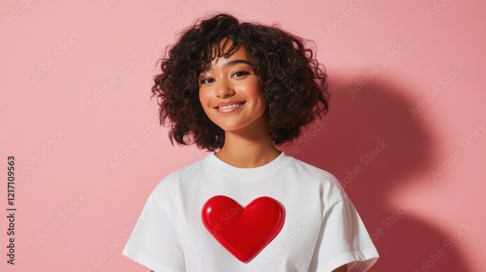 A young woman with curly hair smiles warmly against a pink background. She wears a white t-shirt adorned with a large red heart symbol. A young woman with curly hair smiles warmly against a pink background. She wears a white t-shirt adorned with a large red heart symbol.