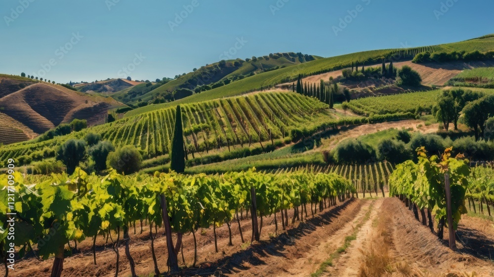 Fototapeta premium Breathtaking View of a Sunny Vineyard Landscape with Lush Green Grapevines and Rolling Hills Under a Clear Blue Sky in the Heart of Wine