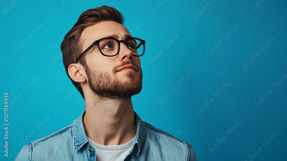 A professional yet casual portrait of a man with a beard and glasses, dressed in a blue denim jacket, isolated on a blue background A professional yet casual portrait of a man with a beard and glasses, dressed in a blue denim jacket, isolated on a blue background