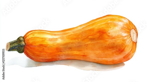 Watercolor butternut squash, smooth curves, soft orange hues. Warm, autumnal feeling