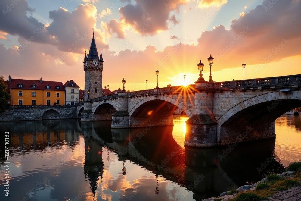 Charles Bridge under golden light at early dawn, dawn, water, autumn Charles Bridge under golden light at early dawn, dawn, water, autumn