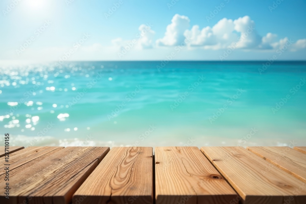 Fototapeta premium Warm brown wood grain on blurred sparkling azure sea and sunny sky background, summer, texture