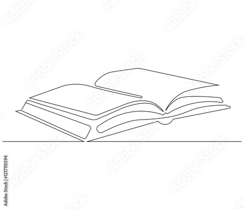One continuous line drawing of opened book with flying page. Studying book or knowledge book in simple line. Concept vector art for university or college. Editable stroke. Doodle line illustration