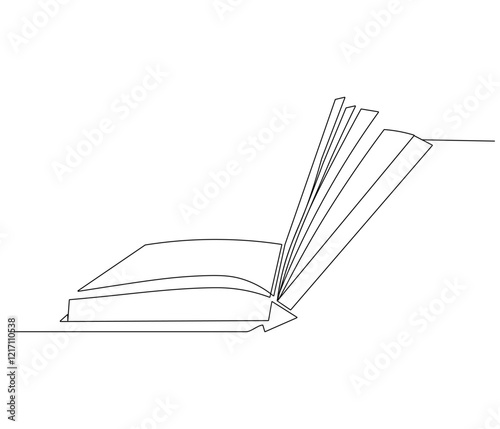 One continuous line drawing of opened book with flying page. Studying book or knowledge book in simple line. Concept vector art for university or college. Editable stroke. Doodle line illustration
