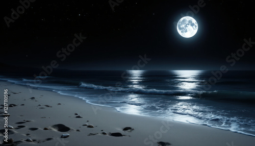 A hyper-realistic scene of a calm beach at night, where the ocean's gentle waves are softly lapping at the shore under the light of a full moon. The sand is smooth and untouched, with only a few scatt photo