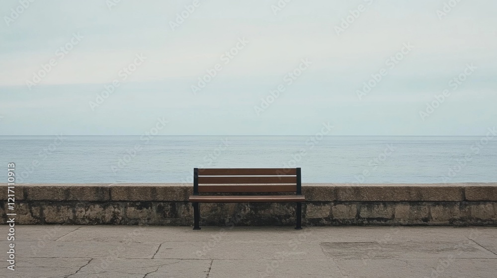 A solitary wooden bench overlooking a calm sea under a cloudy sky, evoking tranquility A solitary wooden bench overlooking a calm sea under a cloudy sky, evoking tranquility