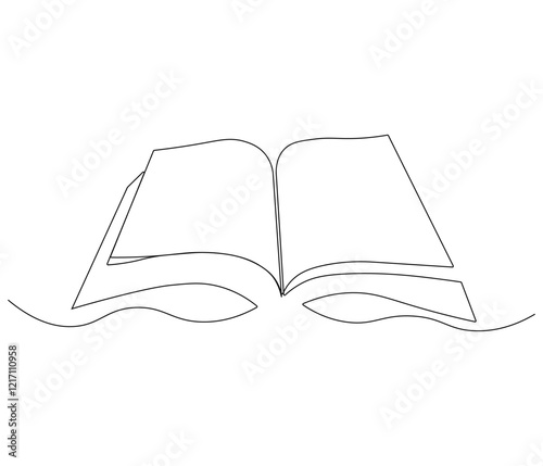 One continuous line drawing of opened book with flying page. Studying book or knowledge book in simple line. Concept vector art for university or college. Editable stroke. Doodle line illustration
