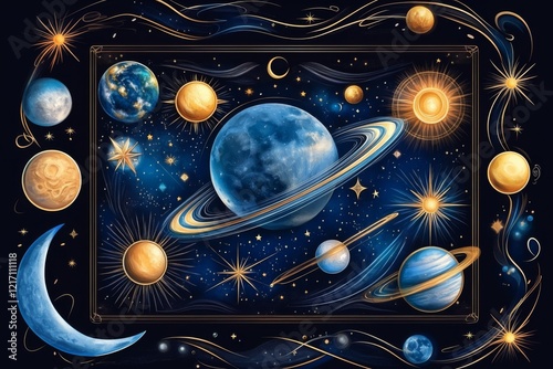 Detailed antique style map illustrating the planets in the solar system with a colorful celestial backdrop showcasing various astronomical features and cosmic elements completely captured photo