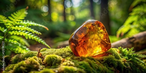 A chunk of amber embedded in a forest floor, surrounded by moss and ferns, woodland floor, organic, mossy forest floor, ancient