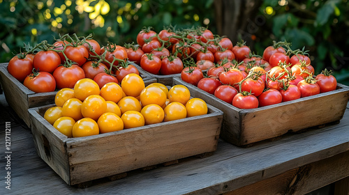 Assortment of Ripe Red and Yellow Tomatoes in Rustic Wooden Crates
