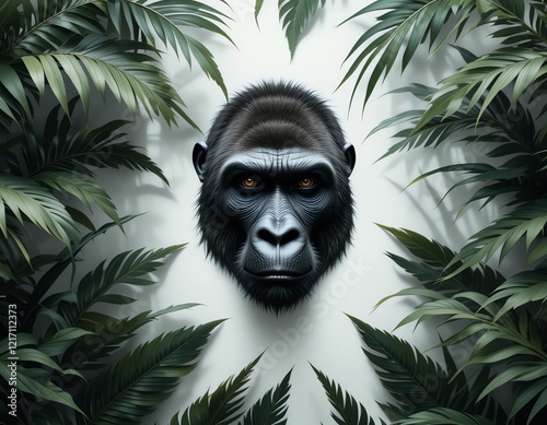 Majestic Gorilla Head Framed by Lush Tropical Plants photo