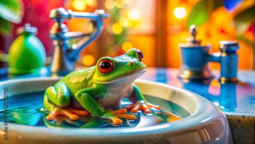 Surreal Rubber Frog Toy in Bathroom Sink, Dreamlike Photography photo