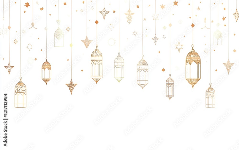 Simple line vector white background with Ramadan lanterns and stars pattern on the top, hanging from left to right in a row. Simple line vector white background with Ramadan lanterns and stars pattern on the top, hanging from left to right in a row.