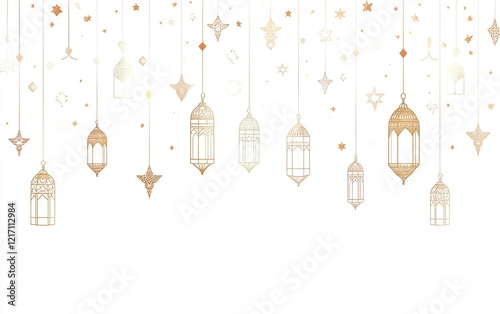 Simple line vector white background with Ramadan lanterns and stars pattern on the top, hanging from left to right in a row. 