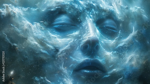 Celestial face intertwined with cosmic starry tapestry