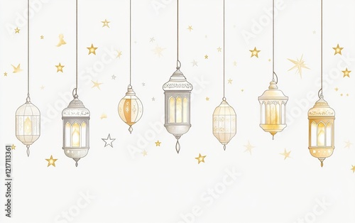 Simple line vector white background with Ramadan lanterns and stars pattern on the top, hanging from left to right in a row. 
