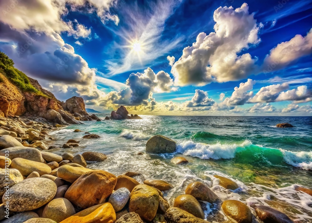 Surreal Stones: Sunny Seaside Rocky Beach with Blue Sky and Clouds Surreal Stones: Sunny Seaside Rocky Beach with Blue Sky and Clouds