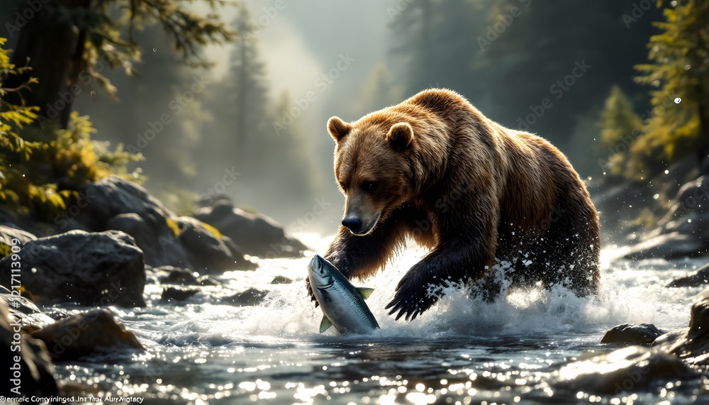 An ultra-realistic image of a grizzly bear standing in the middle of a rushing river, fishing for salmon. The bear is mid-action, its massive paws plunging into the water to catch a fish. The river An ultra-realistic image of a grizzly bear standing in the middle of a rushing river, fishing for salmon. The bear is mid-action, its massive paws plunging into the water to catch a fish. The river