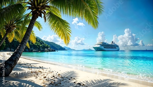 Tropical beach scene with palm tree and cruise ship on clear blue water