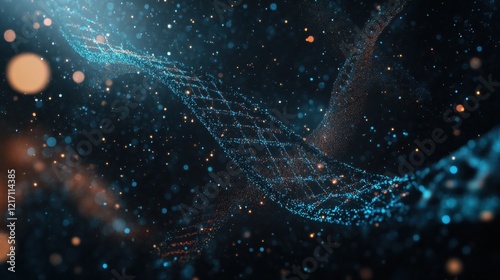 A conceptual image of a DNA strand with glowing, flowing particles representing genetic information, set against a dark
