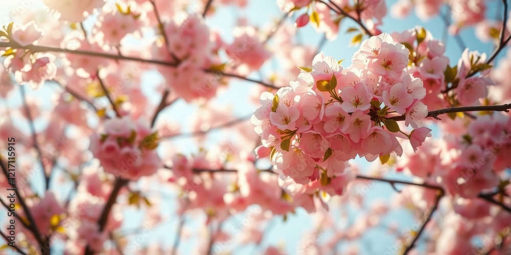 A delicate cluster of light pink blossoms on a sunlit tree branch, surrounded by a soft focus of more blossoms. A delicate cluster of light pink blossoms on a sunlit tree branch, surrounded by a soft focus of more blossoms.
