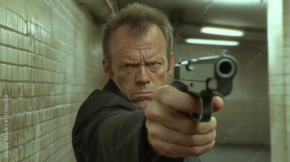 Intense confrontation in a dimly lit underground tunnel with a determined figure aiming a firearm Intense confrontation in a dimly lit underground tunnel with a determined figure aiming a firearm