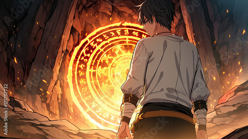 A man standing confidently in front of a large rock formation with a fearless anime hero appearing at a magical portal in a vibrant fantasy landscape photo