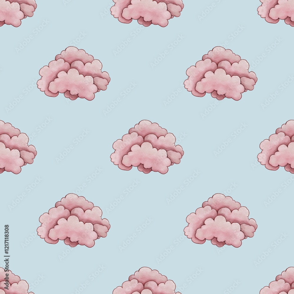 Seamless Pattern Cute Pink Cloud Small Design on Pastel Blue Background Seamless Pattern Cute Pink Cloud Small Design on Pastel Blue Background