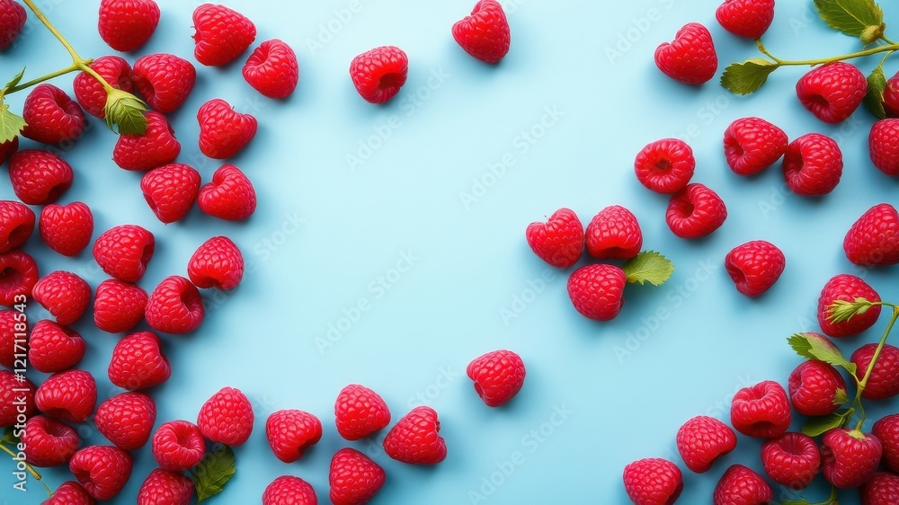 Obraz premium A vibrant arrangement of fresh raspberries on a light blue background, creating a delightful and appetizing frame.