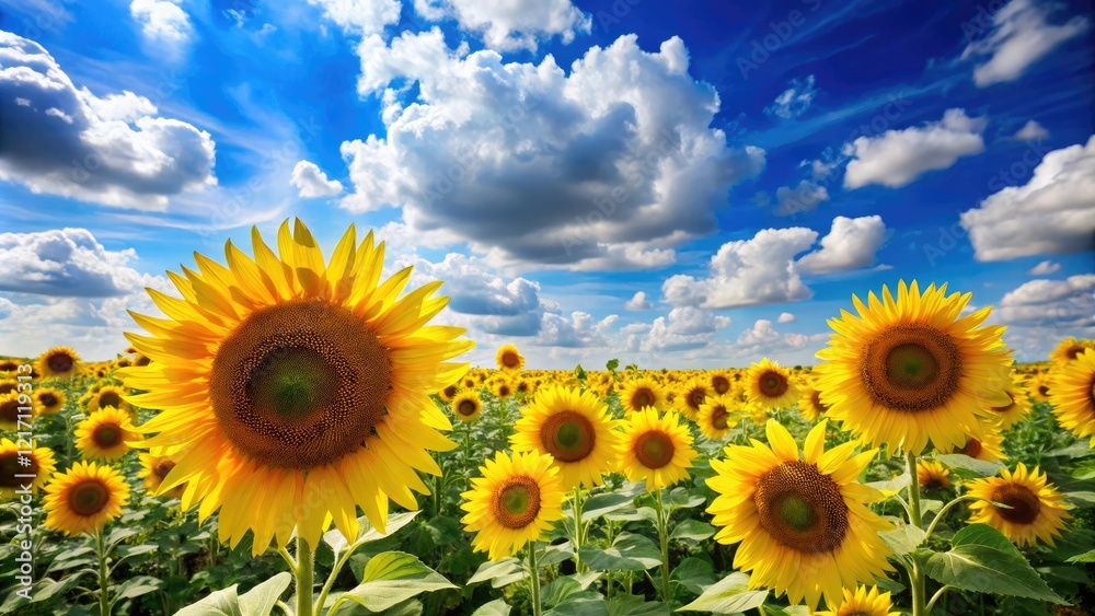 Obraz premium Group of sunflowers standing tall in a field with a bright blue sky and fluffy white clouds, blooming, majestic