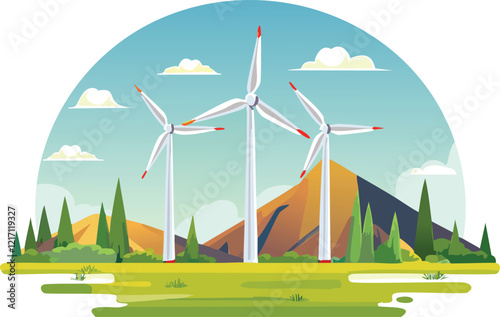 vector illustration of windmills in a scenic landscape