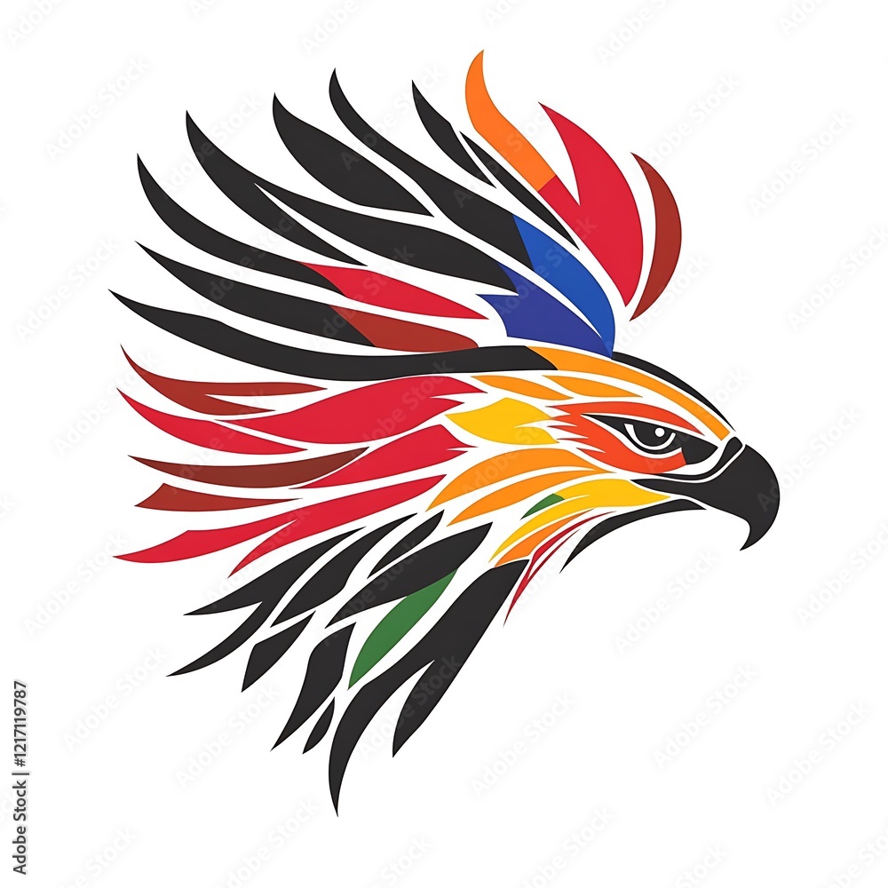 Stylized eagle glowing with radiant metallic wings on shadowy canvas Stylized eagle glowing with radiant metallic wings on shadowy canvas