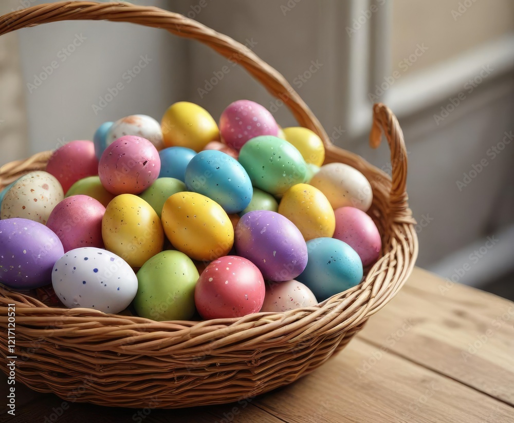 Naklejka premium Group of colorful Easter eggs in a wicker basket, spring, holidays, ornaments