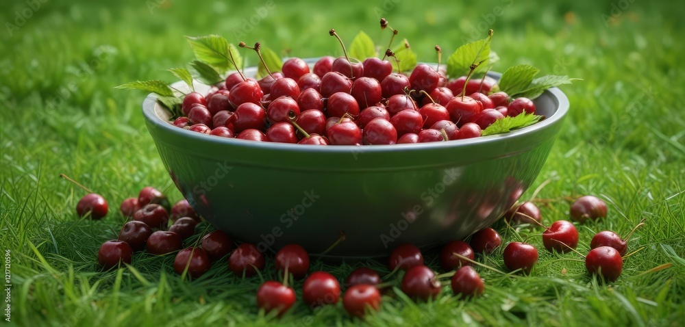 A bowl overflowing with red cherries and leaves in the middle of a green grass field, nature photography, succulent cherries