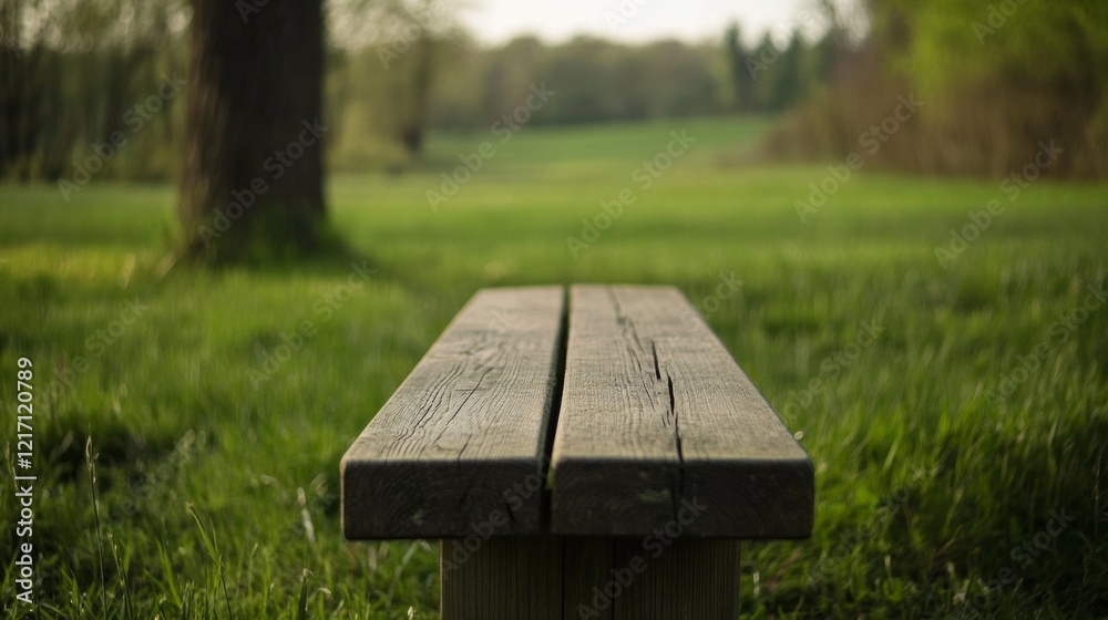 Serene wooden bench in a lush green park, inviting relaxation amidst nature's beauty Serene wooden bench in a lush green park, inviting relaxation amidst nature's beauty
