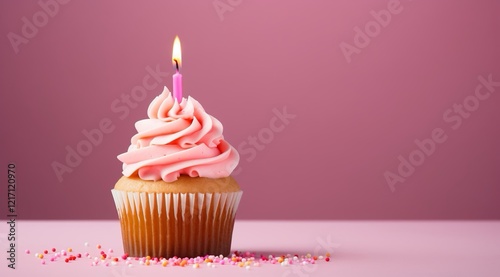 Cupcake celebrativo: delizia glassata rosa con candela singola. Posizionato su un piano rosa, dove sono caduti zuccherini colorati. Sfondo rosa con ampio spazio per testo o banner