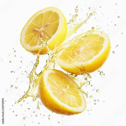 Fresh lemons, delicious lemon splashes, sliced, isolated on white background. Sliced lemons with juice livid in the air.