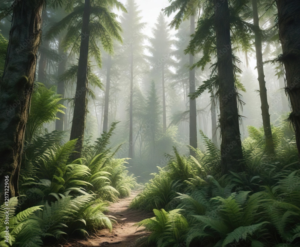 Naklejka premium A lush forest scene with tall trees and ferns on a white background, fern, tree, forest scenery