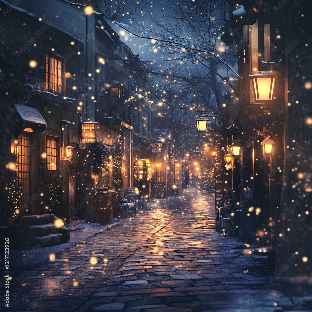 Snowy evening street lined with glowing lamps and cozy buildings in a quaint village Snowy evening street lined with glowing lamps and cozy buildings in a quaint village