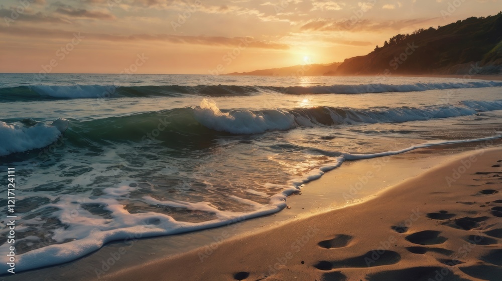 Obraz premium A Serene Sunset Over Tranquil Waves: Capturing the Golden Hour on the Sandy Shore, Where the Sea Meets the Horizon in Perfect