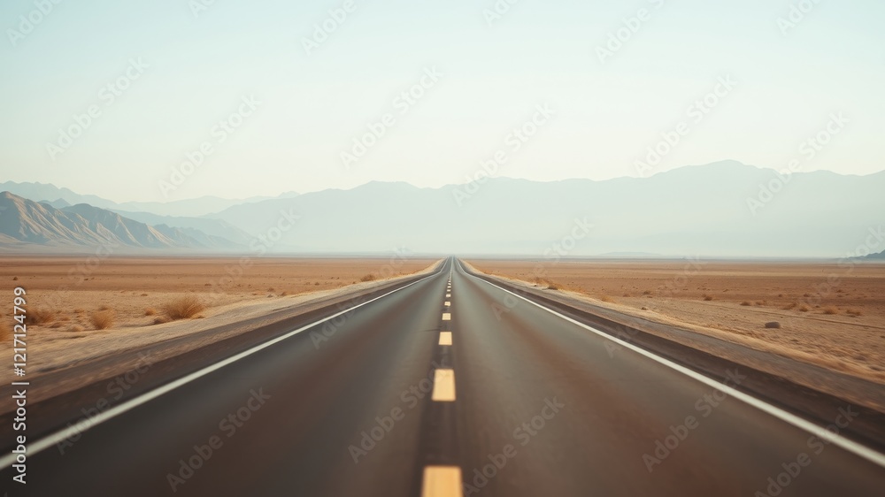 Fototapeta premium Asphalt highway stretching towards distant mountains under a pale sky, promising adventure and the open road ahead