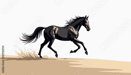 Black horse running on sandy ground