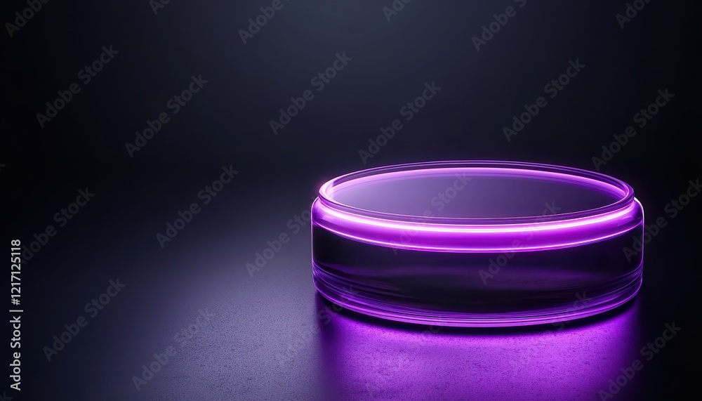 Futuristic purple glowing circular platform against a dark background. Futuristic purple glowing circular platform against a dark background.
