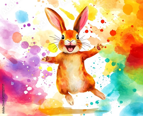 Happy bunny jumping in vibrant watercolor splash. photo