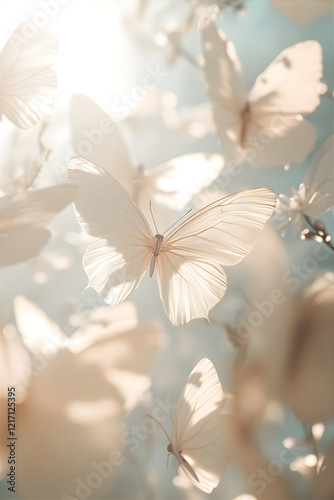 Monochrome delicate background with butterflies. Spring and summer pattern for cosmetics design. Nude shades of fire pattern with moths photo