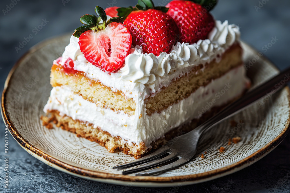 Delicious slice of tres leches cake topped with whipped cream and fresh strawberries served on a ceramic plate Delicious slice of tres leches cake topped with whipped cream and fresh strawberries served on a ceramic plate