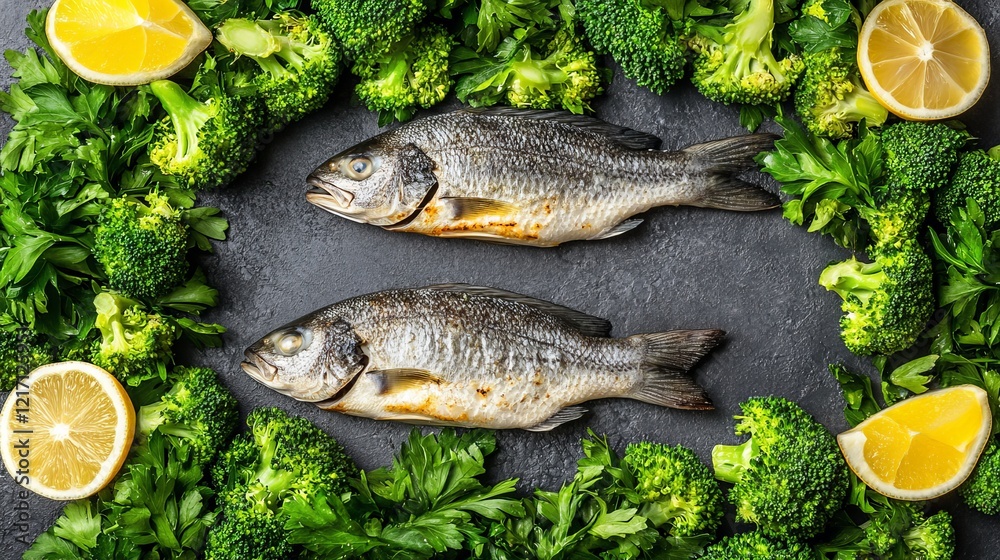 Deliciously Arranged Plate Featuring Two Fresh Fish Surrounded by Vibrant Broccoli and Bright Lemons Creating a Wholesome and Appetizing Culinary Experience Ideal for Healthy Eating Deliciously Arranged Plate Featuring Two Fresh Fish Surrounded by Vibrant Broccoli and Bright Lemons Creating a Wholesome and Appetizing Culinary Experience Ideal for Healthy Eating
