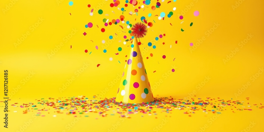 Yellow Party Hat with Colorful Confetti Explosion on Vibrant Background Yellow Party Hat with Colorful Confetti Explosion on Vibrant Background