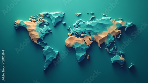 Abstract world map polygonal global connection network continents earth geography travel world map 3d design illustration background texture blue photo