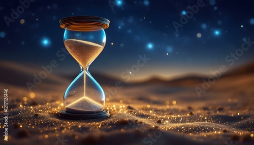 Time's Unfolding Symphony: An hourglass stands sentinel against a backdrop of shimmering stardust, its sand flowing inexorably, symbolizing the passage of time and the fleeting nature of moments. photo